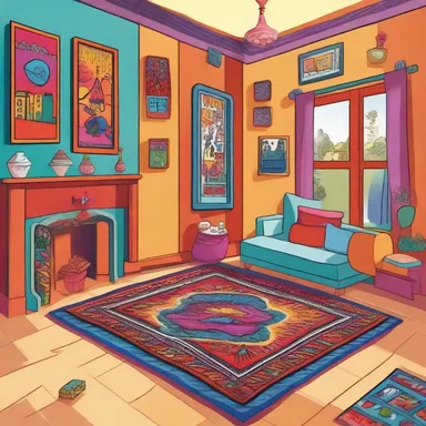 In the cartoon, the character's house is adorned with a vibrant nammad rug, reflecting their eclectic personality and style.