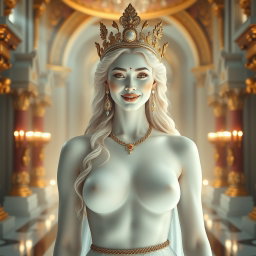 A divine goddess with glowing milk-white skin, showcasing her natural beauty and grace