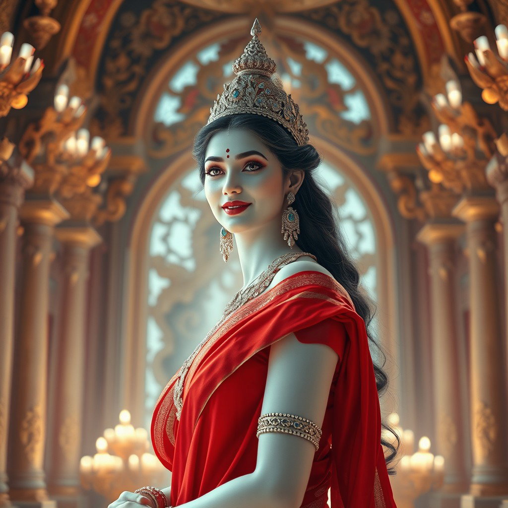 A divine goddess with glowing milk-white skin, radiating elegance and beauty