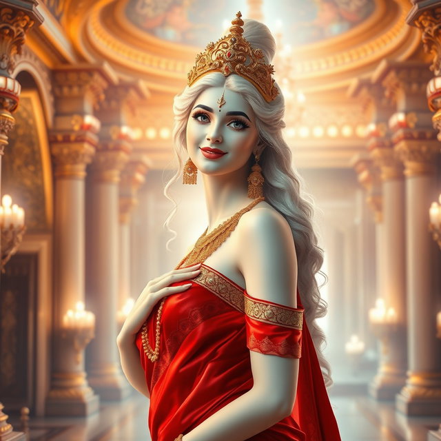 A divine goddess with glowing milk-white skin, radiating elegance and beauty
