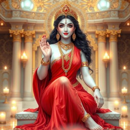A beautiful divine goddess with glowing milk-white skin, adorned with intricate jewelry around her neck and delicate payal (anklets) on her feet