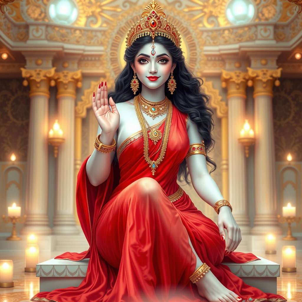 A beautiful divine goddess with glowing milk-white skin, adorned with intricate jewelry around her neck and delicate payal (anklets) on her feet