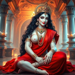 A beautiful divine goddess with glowing milk-white skin, adorned with intricate jewelry around her neck and delicate payal (anklets) on her feet