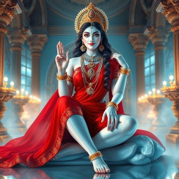 A beautiful divine goddess with glowing milk-white skin, adorned with intricate jewelry around her neck and delicate payal (anklets) on her feet