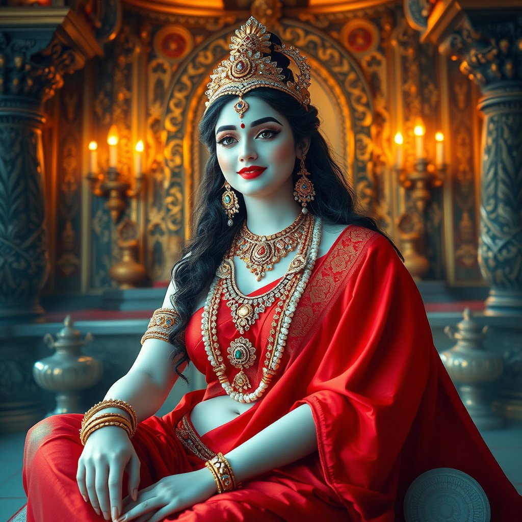 A divine goddess with beautifully glowing milk-like skin, adorned with exquisite jewelry around her neck and delicate payal on her feet