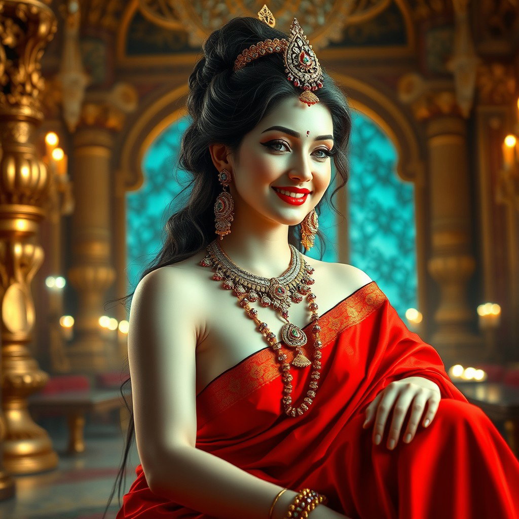 A divine goddess with beautifully glowing milky skin, adorned with exquisite jewelry around her neck and delicate payal on her feet