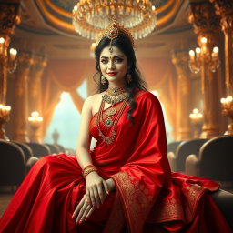 A divine goddess with beautifully glowing milky skin, adorned with exquisite jewelry around her neck and delicate payal on her feet