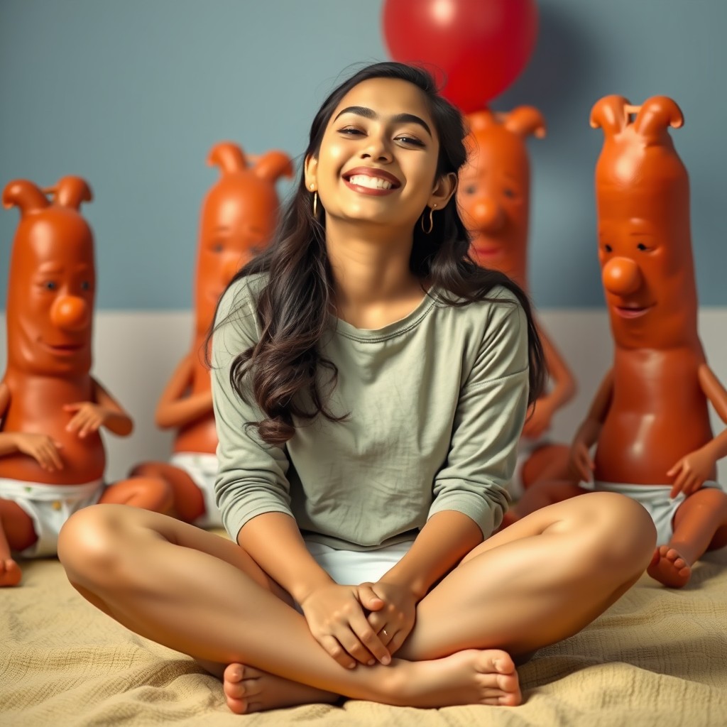 A young Pakistani woman, 18 years old, sitting in a criss-cross position and smiling with her eyes closed, radiating an innocent and joyful expression