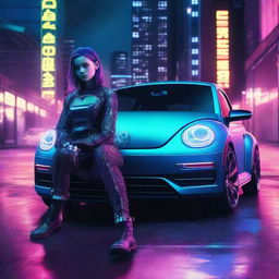 A beautiful young cyborg girl with glowing cybernetic arms leaning casually on an indigo blue Volkswagen New Beetle in a parking garage at night, with a vibrant neon-lit cyberpunk cityscape illuminating the scene.