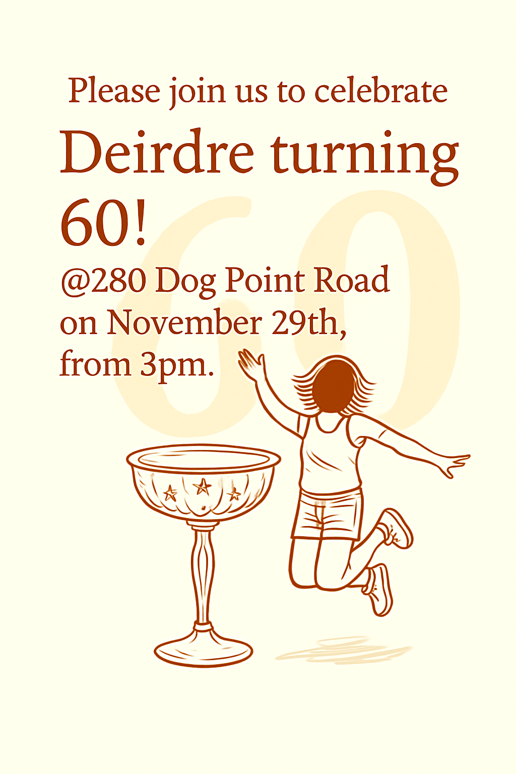 A redesigned party invitation with a background featuring a soft watermark of the number '60'