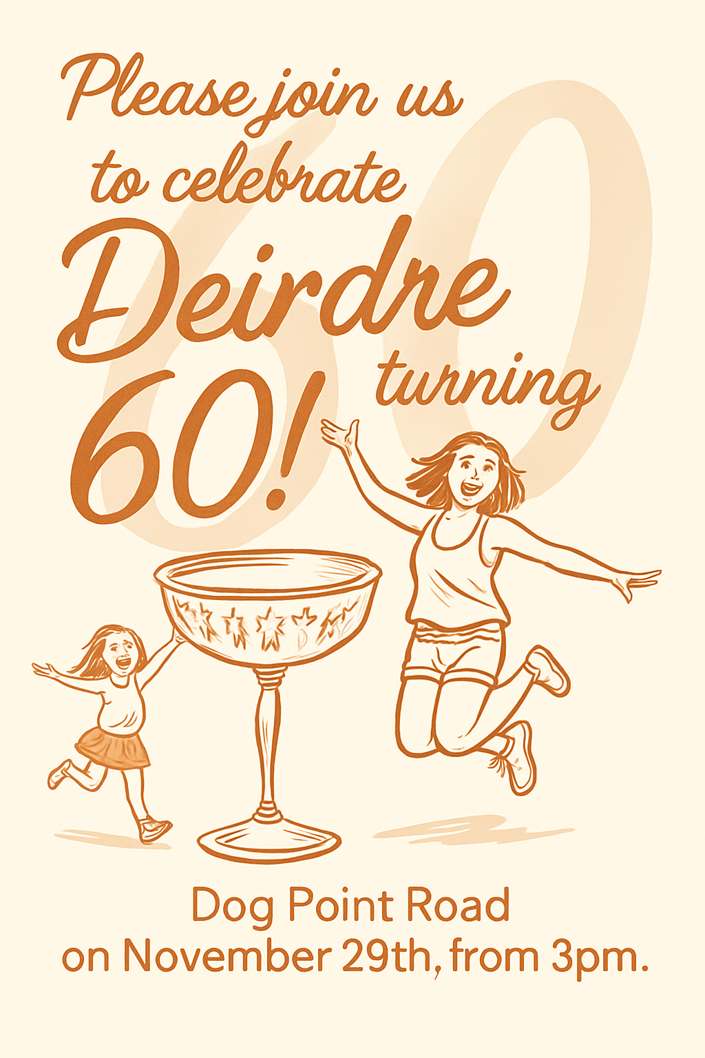A beautiful and funky birthday invitation featuring a playful illustration of a jumping girl in the bottom left corner, reminiscent of a light orange sketch style