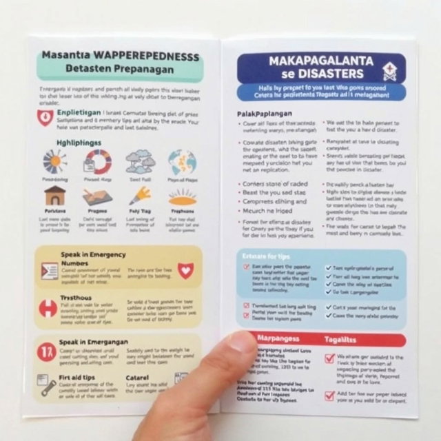 A detailed brochure about disaster preparedness, featuring essential tips and guidelines in both Kapampangan and Tagalog