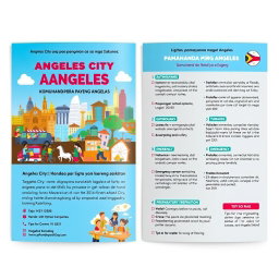 A visually appealing and well-structured brochure design for disaster preparedness in Angeles City, titled 'Ligtas na Pamayanan sa Angeles: Paghahanda para sa mga Sakuna / Komunidad a Ligtas king Angeles: Pamaghanda para kareng Kasakitan'