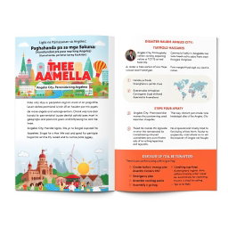 A visually appealing and well-structured brochure design for disaster preparedness in Angeles City, titled 'Ligtas na Pamayanan sa Angeles: Paghahanda para sa mga Sakuna / Komunidad a Ligtas king Angeles: Pamaghanda para kareng Kasakitan'