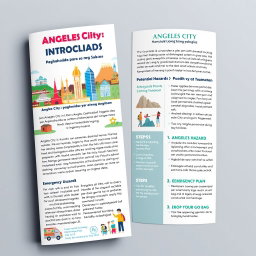 A visually appealing and well-structured brochure design for disaster preparedness in Angeles City, titled 'Ligtas na Pamayanan sa Angeles: Paghahanda para sa mga Sakuna / Komunidad a Ligtas king Angeles: Pamaghanda para kareng Kasakitan'