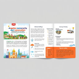 A visually appealing and well-structured brochure design for disaster preparedness in Angeles City, titled 'Ligtas na Pamayanan sa Angeles: Paghahanda para sa mga Sakuna / Komunidad a Ligtas king Angeles: Pamaghanda para kareng Kasakitan'