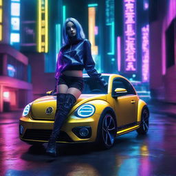 A beautiful young cyborg girl with glowing cybernetic arms leaning casually on an indigo blue Volkswagen New Beetle in a parking garage at night, with a vibrant neon-lit cyberpunk cityscape illuminating the scene.