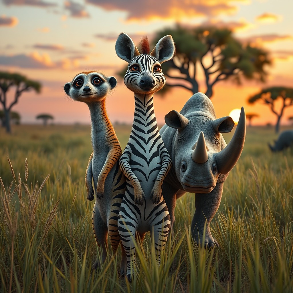 A whimsical scene featuring a three-headed creature that is a blend of a meerkat, zebra, and rhinoceros