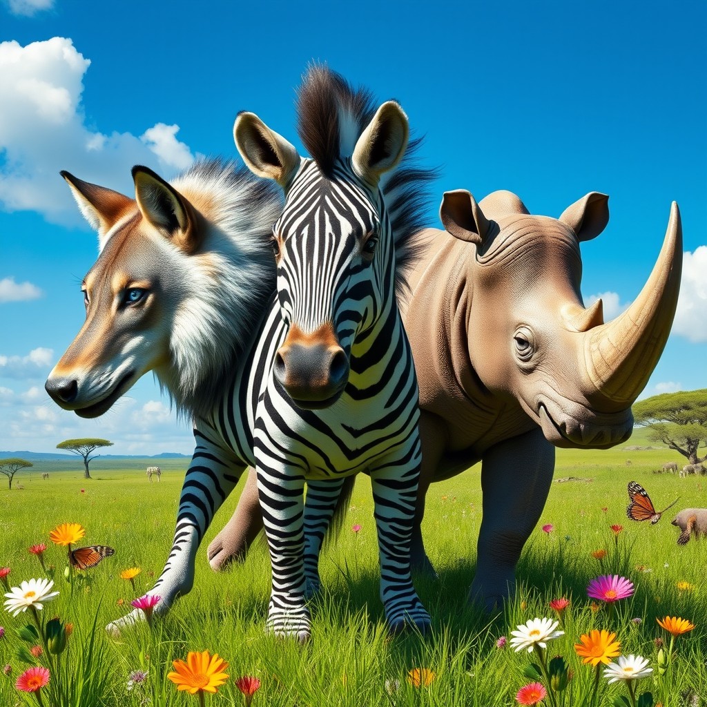 A fantastical creature featuring a unique three-headed being combining a wolf, a zebra, and a rhinoceros