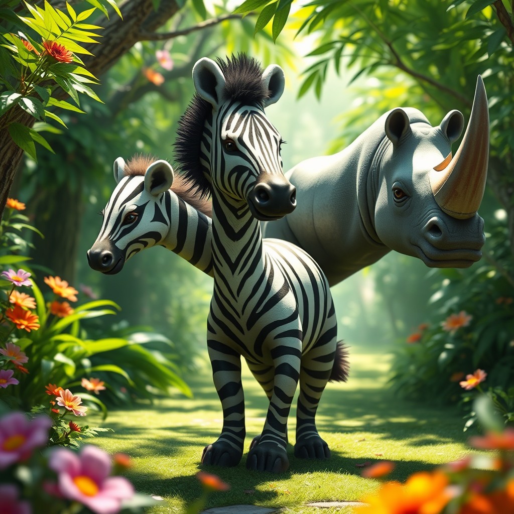 A fantastical creature featuring a three-headed badger, zebra, and rhino hybrid