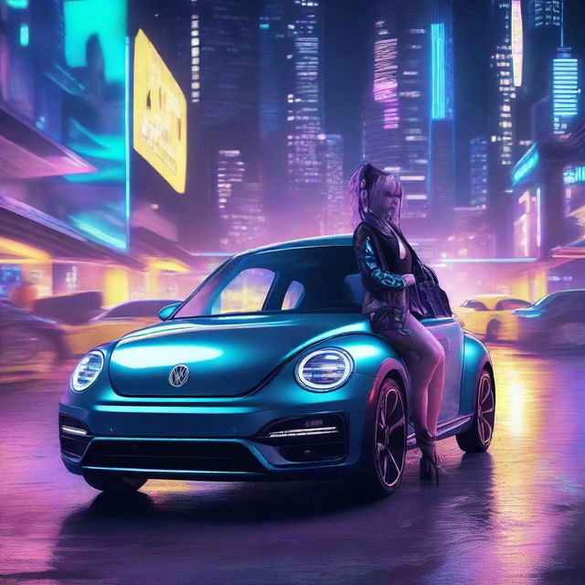 A beautiful young cyborg girl with glowing cybernetic arms leaning casually on an indigo blue Volkswagen New Beetle in a parking garage at night, with a vibrant neon-lit cyberpunk cityscape illuminating the scene.