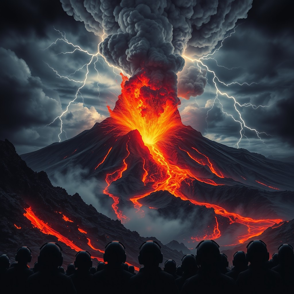 A dramatic poster showcasing a volcanic eruption, capturing the powerful explosion of molten lava and ash clouds rising into the sky