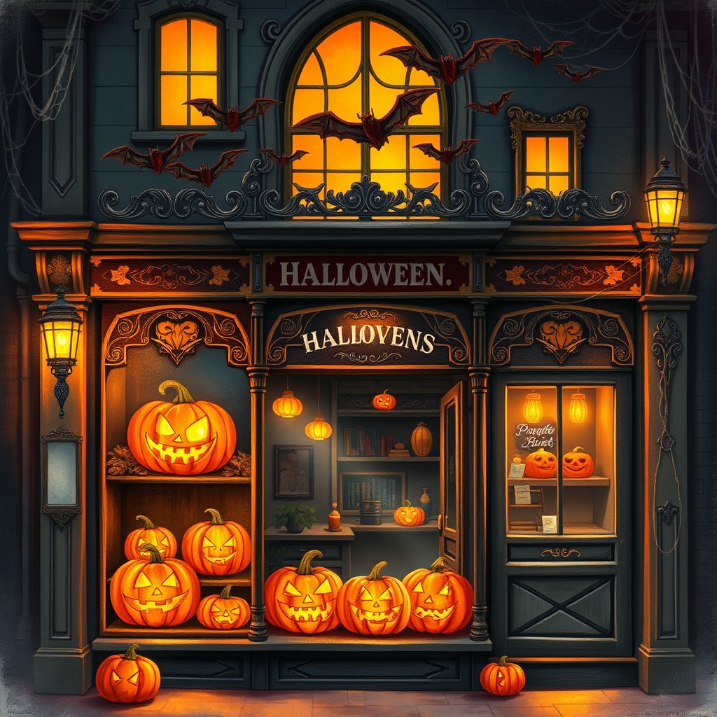 A vintage Halloween shop with an ornate Victorian facade, showcasing bright carved pumpkins in the window