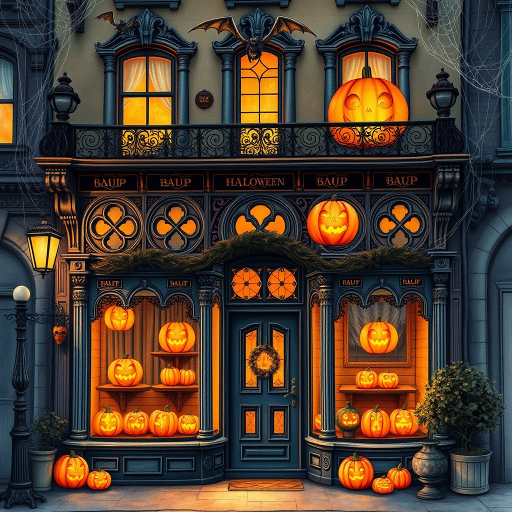 A vintage Halloween shop featuring an ornate Victorian facade adorned with intricate details