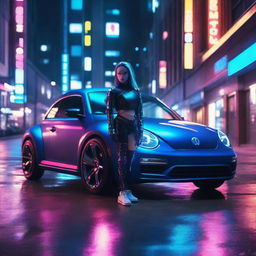 A beautiful young cyborg girl with glowing cybernetic arms leaning casually on an indigo blue Volkswagen New Beetle in a parking garage at night, with a vibrant neon-lit cyberpunk cityscape illuminating the scene.