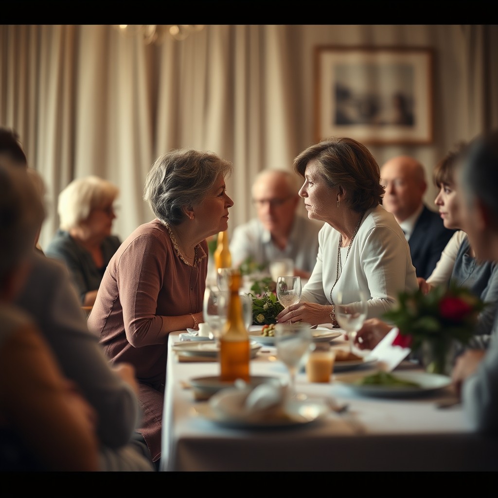 A family gathered around a long dining table for a memorial lunch, capturing a poignant moment as two women seated apart exchange a lingering glance filled with subtle emotional tension