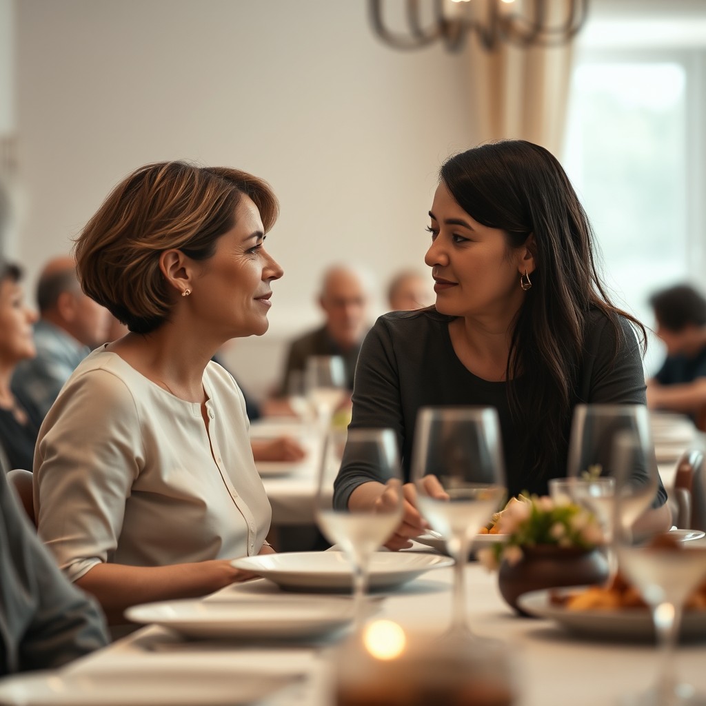 A family gathered around a long dining table for a memorial lunch, highlighting a poignant moment between two women in their early 30s seated apart who exchange a lingering glance filled with subtle emotional tension