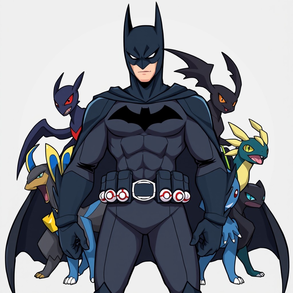 A stylized image of Batman as a Pokémon trainer, wearing a dark training suit instead of a cape, equipped with a utility belt filled with Pokéballs
