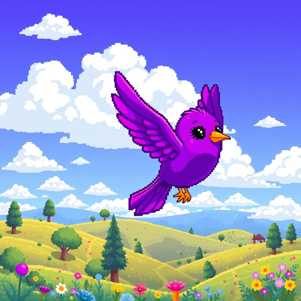 A pixel art scene featuring a vibrant purple bird in mid-flight, gracefully traveling through a bright blue sky filled with fluffy white clouds