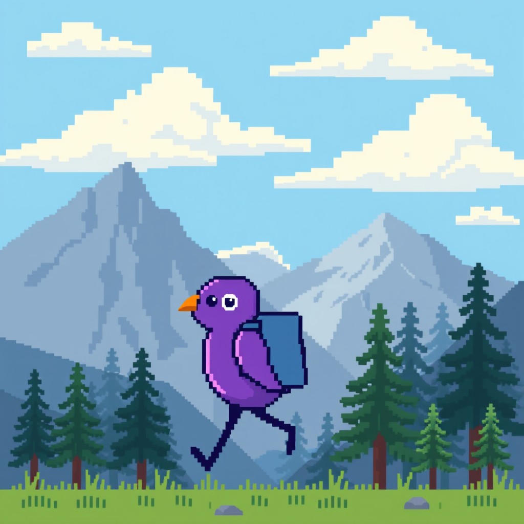 A pixel art scene showcasing a stylized, simplistic purple bird character with a backpack, happily traveling through a mountainous landscape