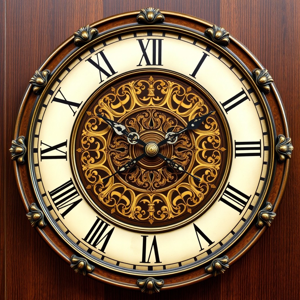 A beautifully designed wall clock face featuring intricate details, elegant hour and minute hands, and a vintage aesthetic