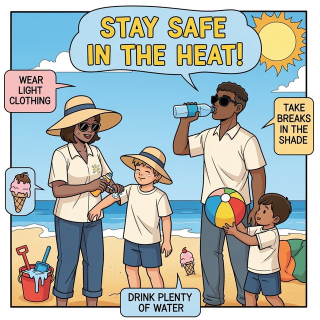 An educational comic panel illustrating the importance of heat protection, featuring a vibrant and colorful scene with a diverse group of people