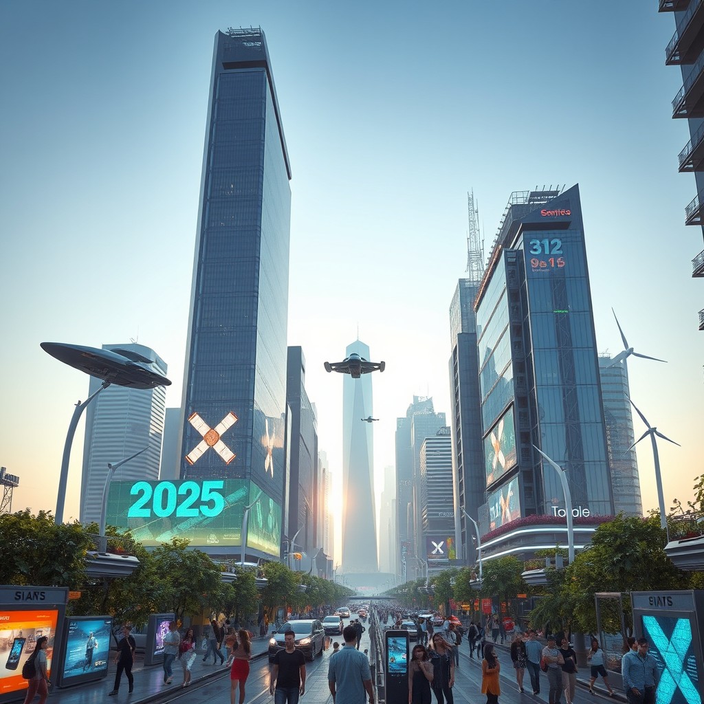 A futuristic cityscape in the year 2025, showcasing advanced architecture with sleek, tall skyscrapers made of glass and steel, surrounded by greenery and technology