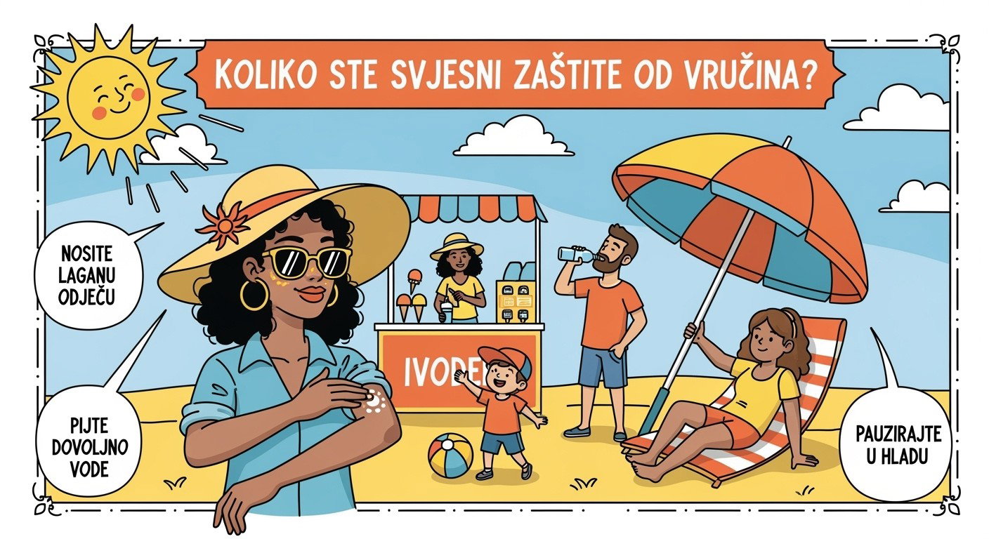 An educational comic panel illustrating the importance of heat protection, featuring a vibrant and colorful scene with a diverse group of people