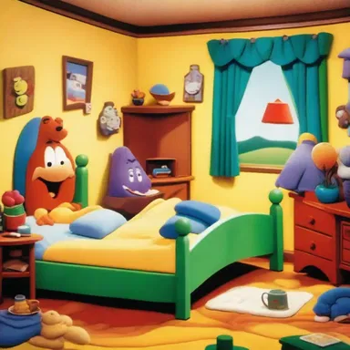 In the classic animated cartoon, the character's cozy bedsitter was filled with colorful furniture and quirky decor.