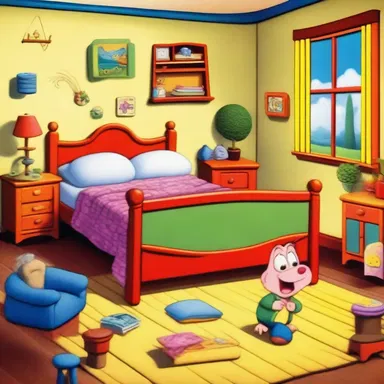 In the classic animated cartoon, the character's cozy bedsitter was filled with colorful furniture and quirky decor.