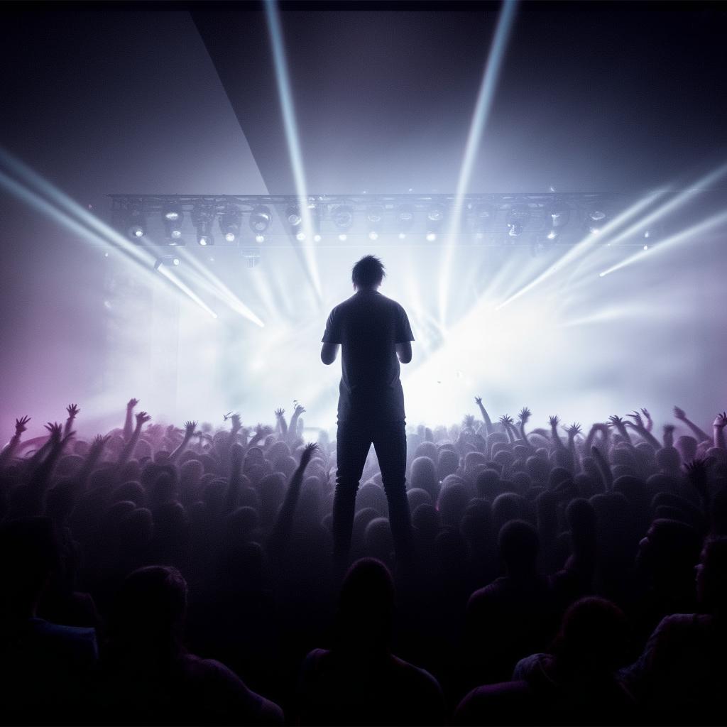 A passionate rapper performing live on stage, influential energy radiating off him, as dynamic lights and a captivated audience fill the background.