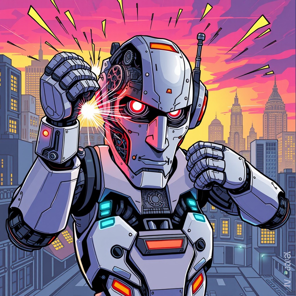 A comic-style illustration featuring a futuristic robot artistically transforming its face into a sleek, modern design