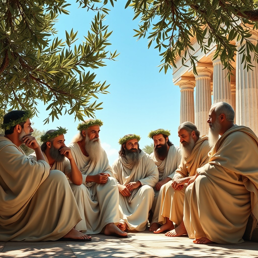 A serene and contemplative atmosphere depicting a group of stoic philosophers in ancient Greece, deep in thought and discussion under the shade of an olive tree