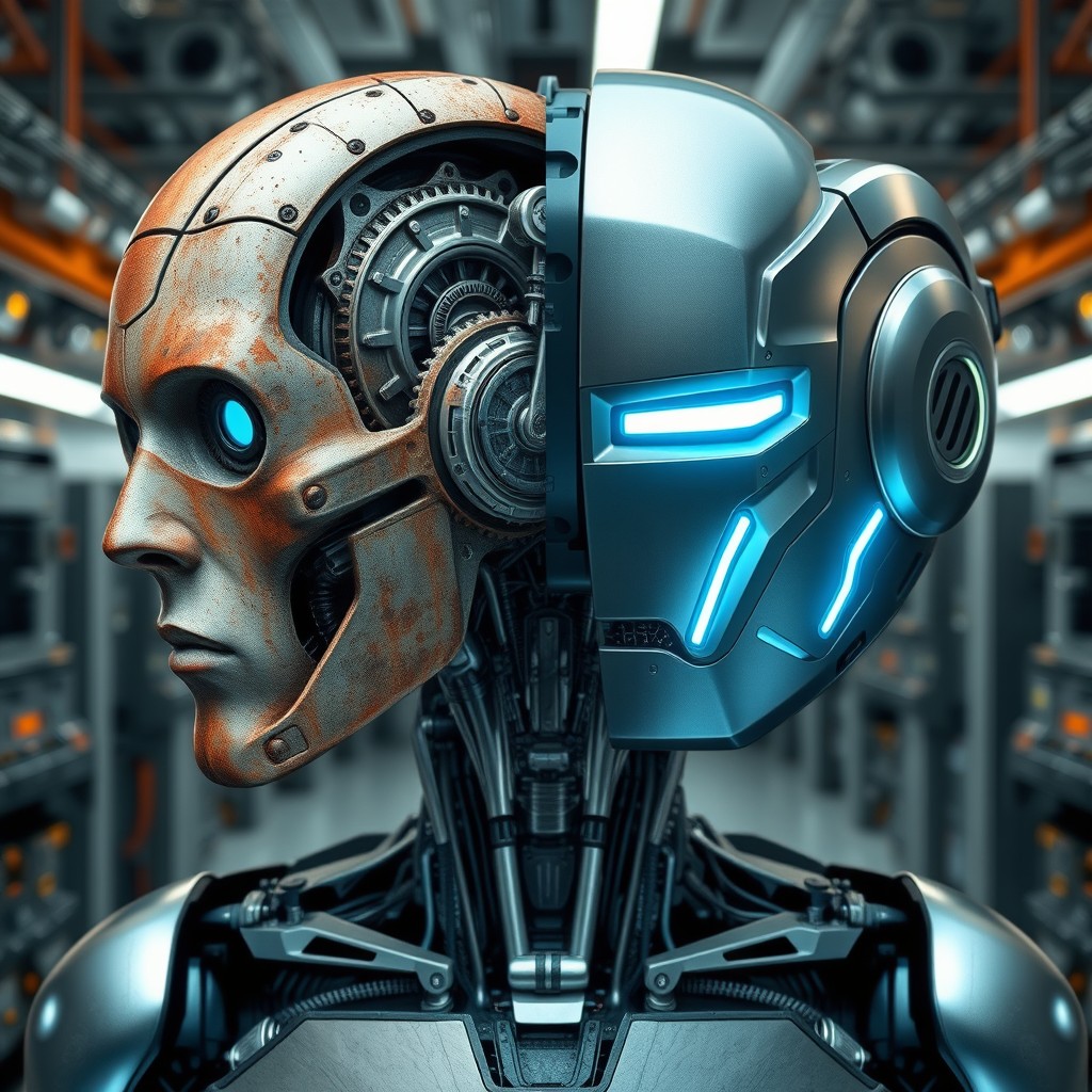 A stunningly realistic robot design showcasing two contrasting faces: on the left, an aged, weathered face with visible signs of wear, mechanical elements showing rust and patina, embodying a vintage, steampunk aesthetic