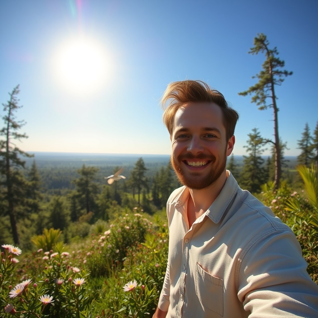 A happy man standing in a beautiful natural setting, surrounded by lush greenery, blooming flowers, and tall trees