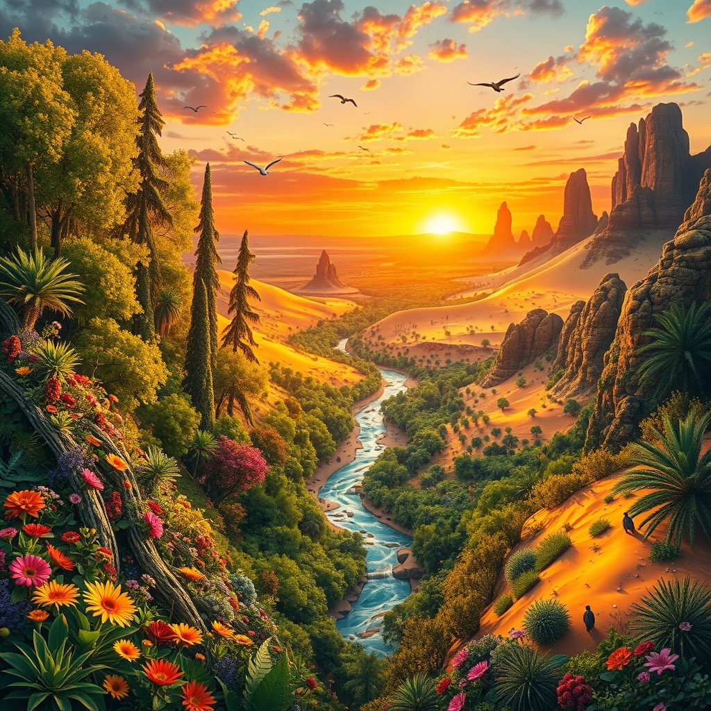 A vibrant border landscape depicting a breathtaking collision of worlds, where two distinct realms meet