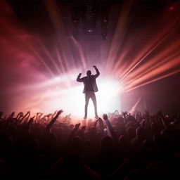 A passionate rapper performing live on stage, influential energy radiating off him, as dynamic lights and a captivated audience fill the background.