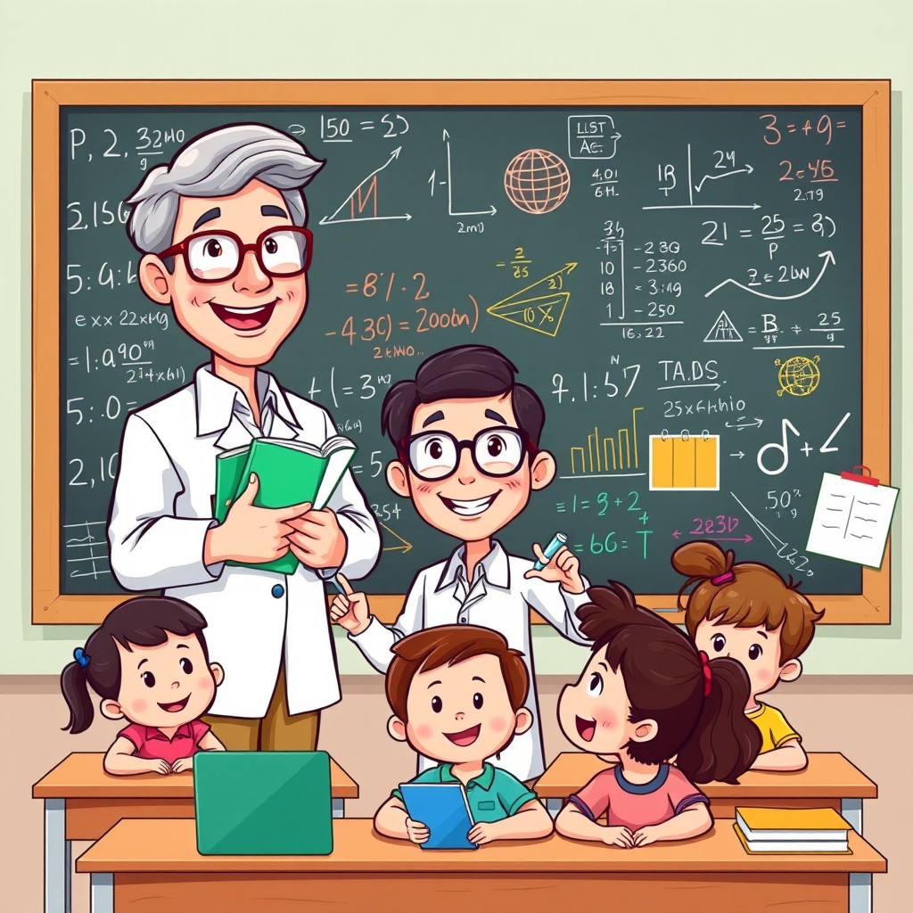 A colorful cartoon cover design featuring a friendly mathematician character, depicted as a middle-aged person with glasses, a warm smile, and styled hair