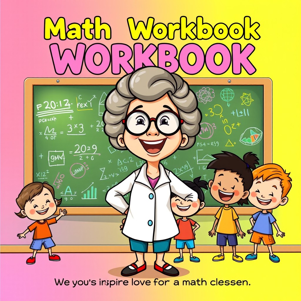 A cartoon cover design for an educational workbook featuring a cheerful mathematician character, depicted as a middle-aged woman with curly hair and glasses