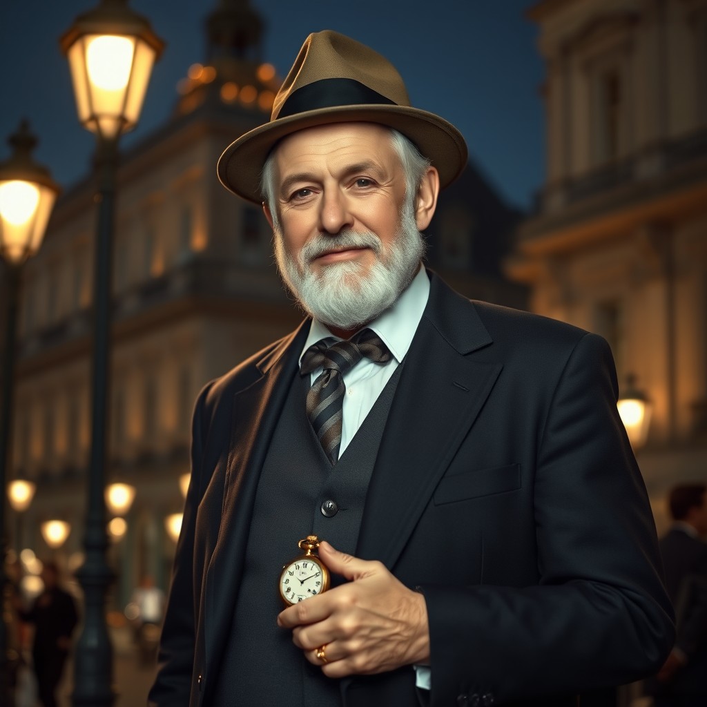 An older distinguished gentleman dressed in an elegant suit, standing confidently with a slight smile
